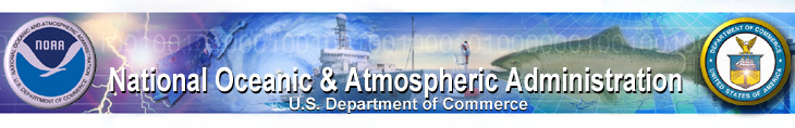 NOAA Banner shwoing a fish, ship, satellite, and NOAA and DOC banners. Text is "National Oceanic & Atmospheric Administration, U.S. Department of Commerce"